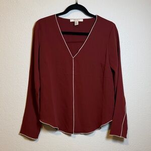 Forever 21 Maroon V-Neck Long Sleeve Blouse with White Trim